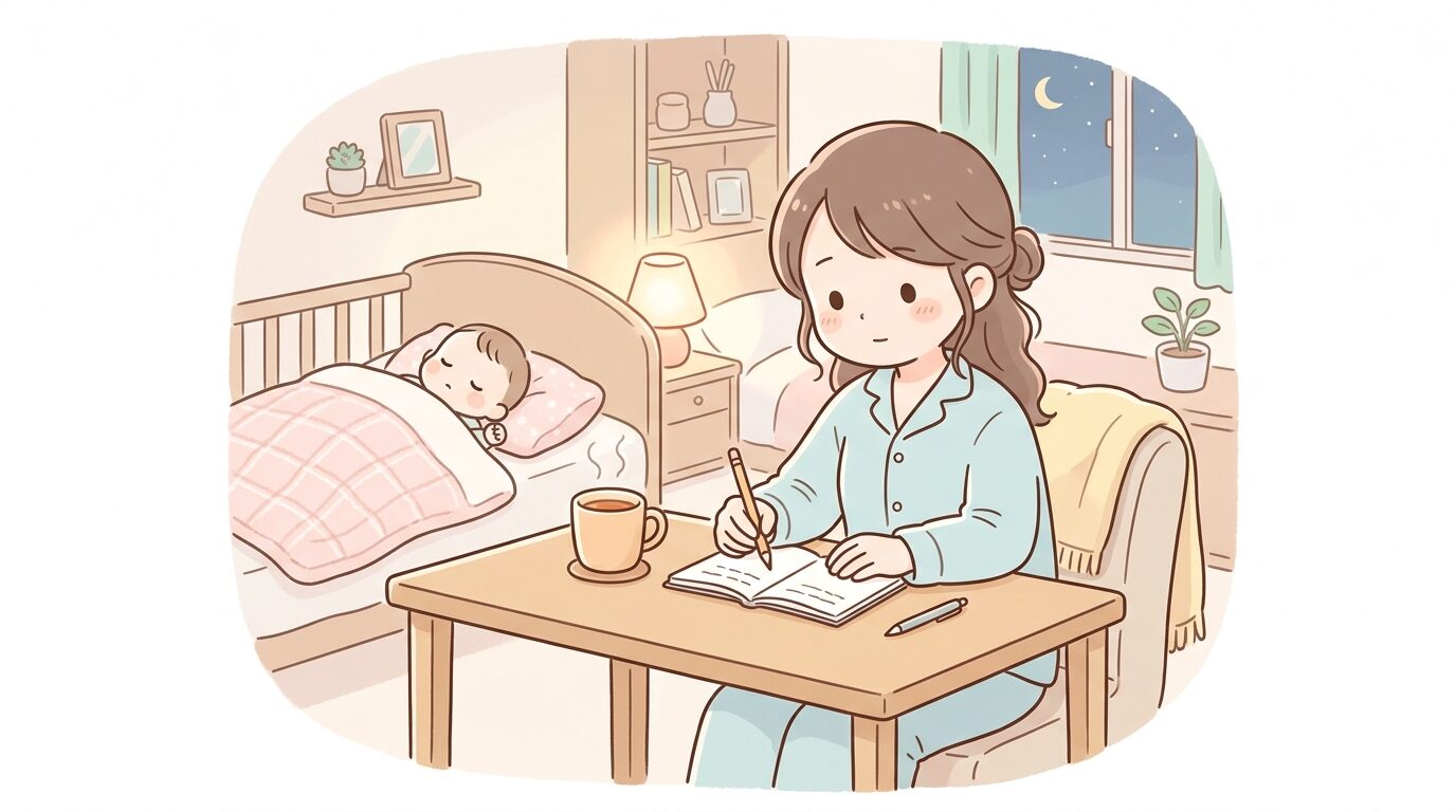 静かな寝室でノートに気持ちを書き出す母親、机の上に温かいお茶とタオルケットにくるまれた赤ちゃん