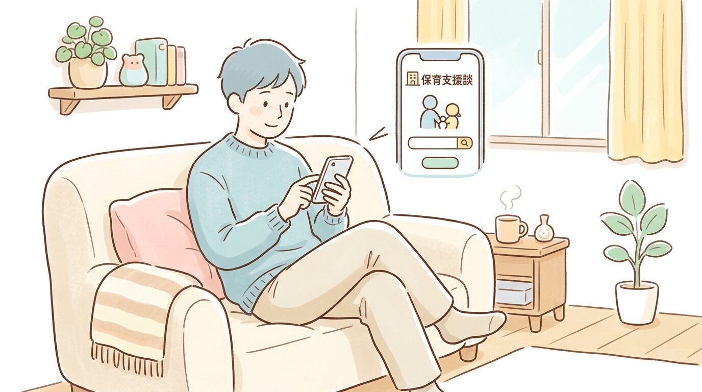 スマートフォンで自治体の子育て相談窓口ページを検索する父親、リビングのソファでリラックスした様子