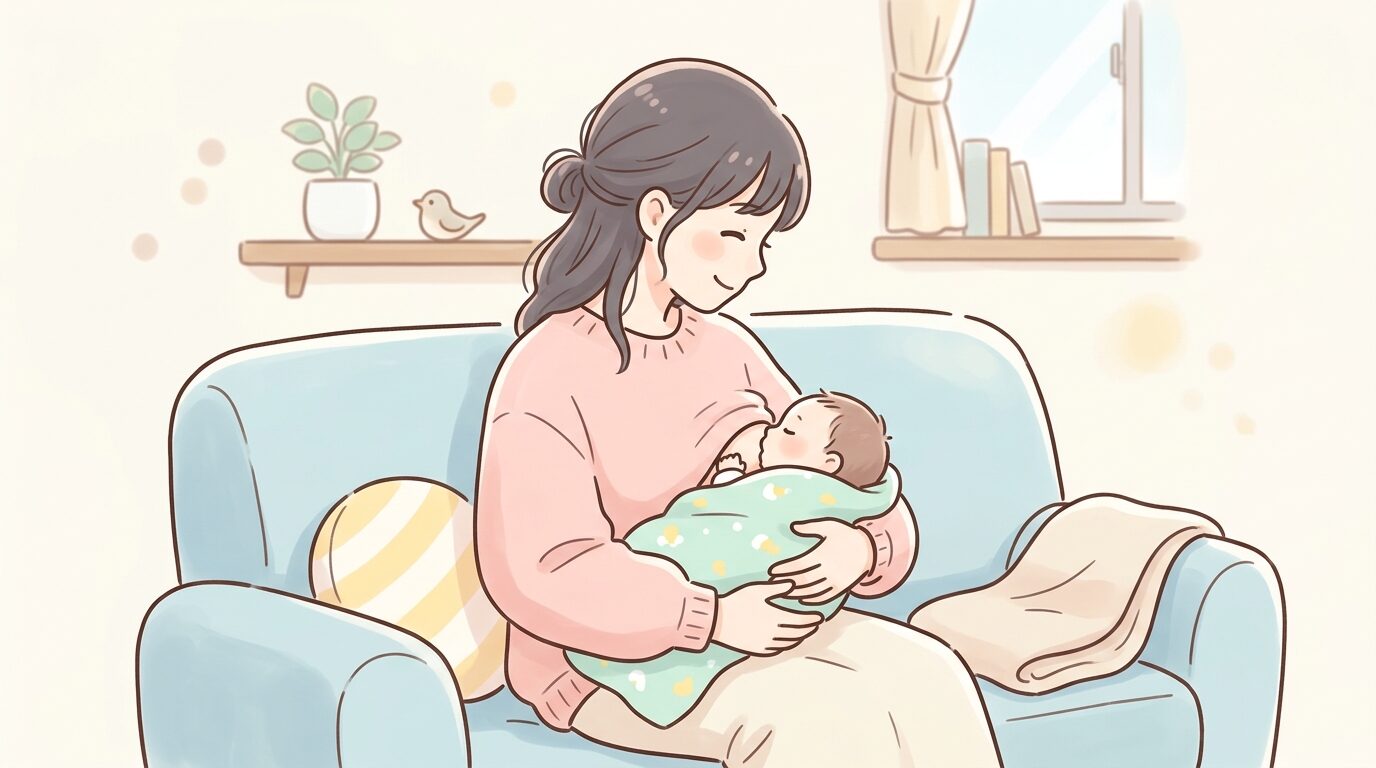リビングのソファで新生児に授乳する若い母親の穏やかな横顔