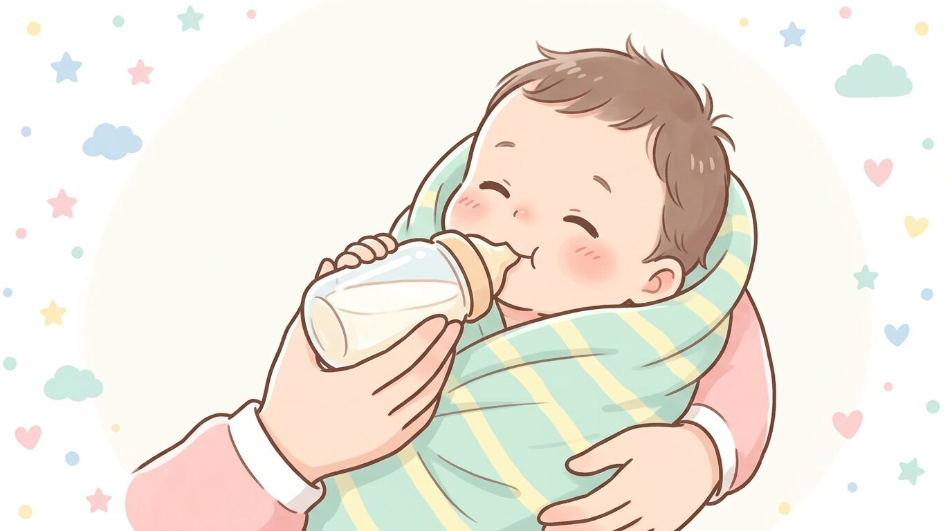 哺乳瓶でミルクを飲む生後2ヶ月ほどの赤ちゃんのアップ