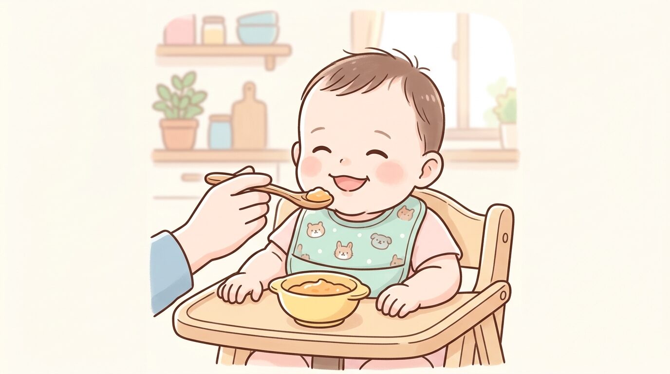 離乳食を目の前にして笑顔を見せる生後6ヶ月の赤ちゃんとスプーンを持つ親の手