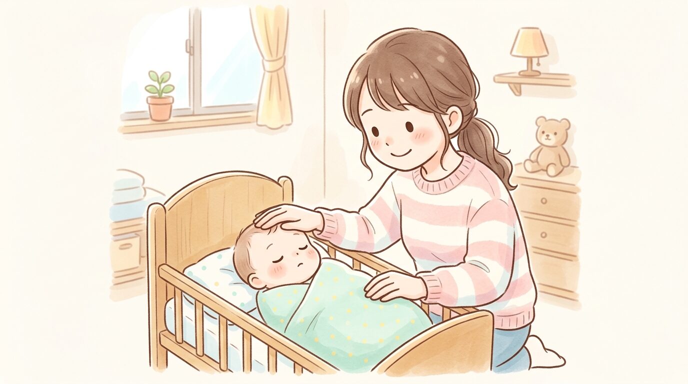 母親が新生児の額に優しく手を当てて体調を確認している温かみのある室内シーン