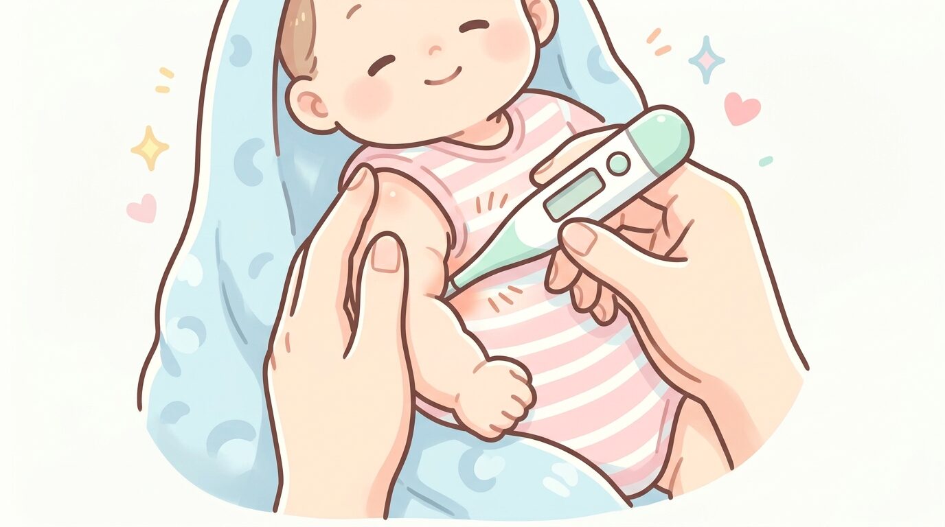 赤ちゃんの脇に電子体温計を優しく当てて検温する親の手元アップ