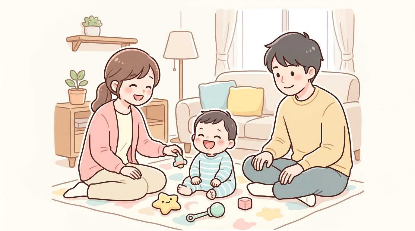 リビングで機嫌よく笑う生後半年ほどの赤ちゃんとそれを見守る両親