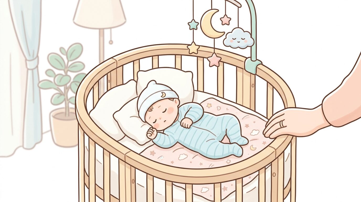 ベビーベッドで穏やかに眠る新生児と、そっと様子を見守る母親の手元