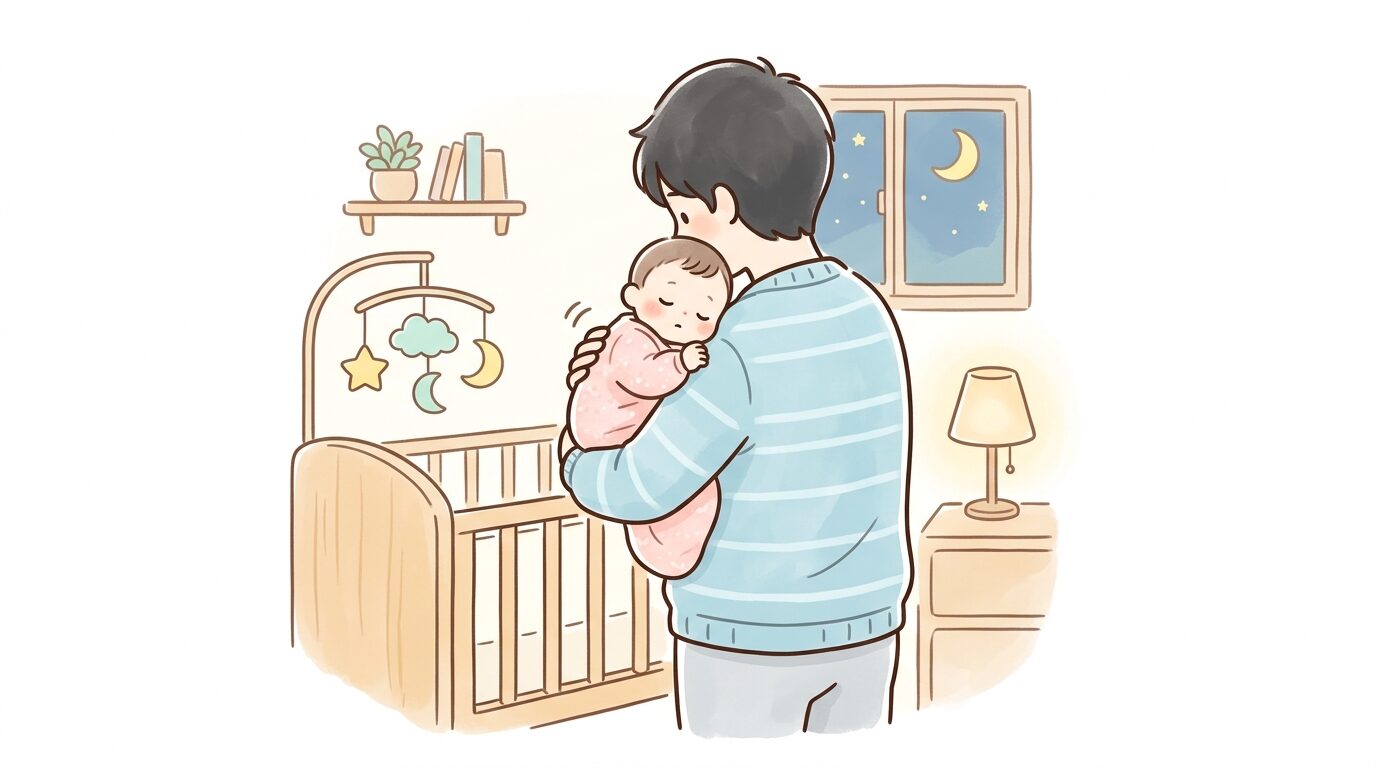 夜の寝室で赤ちゃんを抱っこしながら優しくあやす父親の後ろ姿