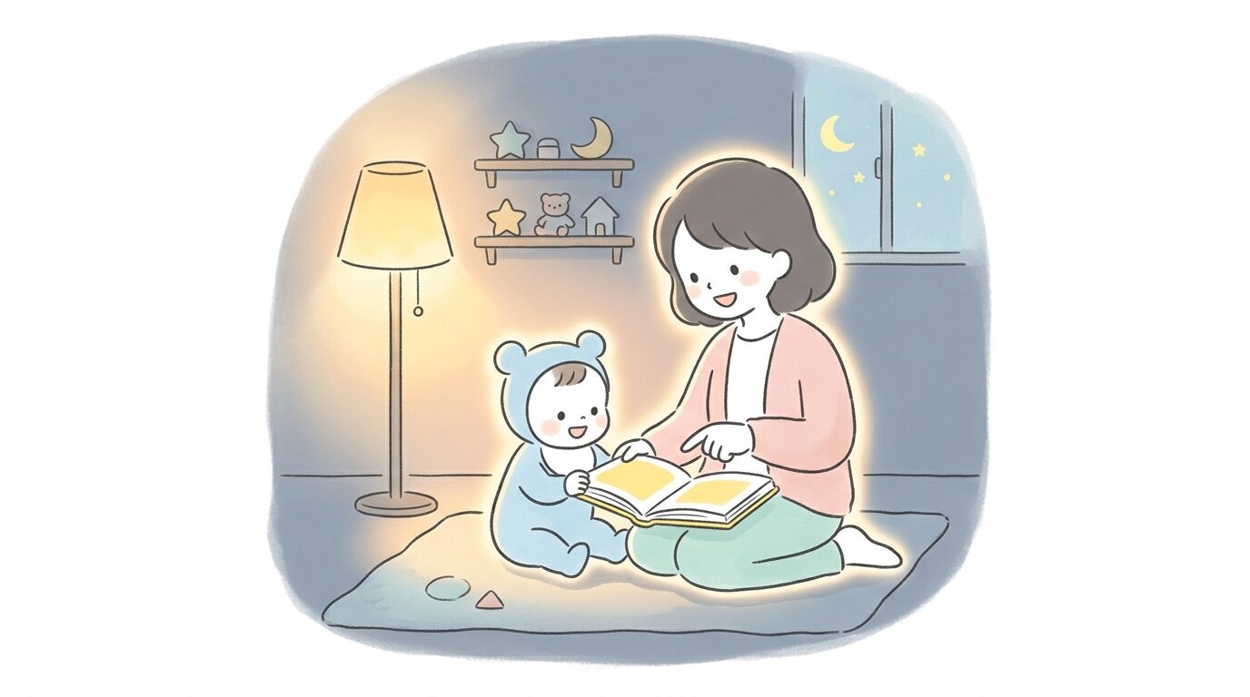 暖色系の間接照明で薄暗くした部屋で絵本を読み聞かせる親子のシルエット