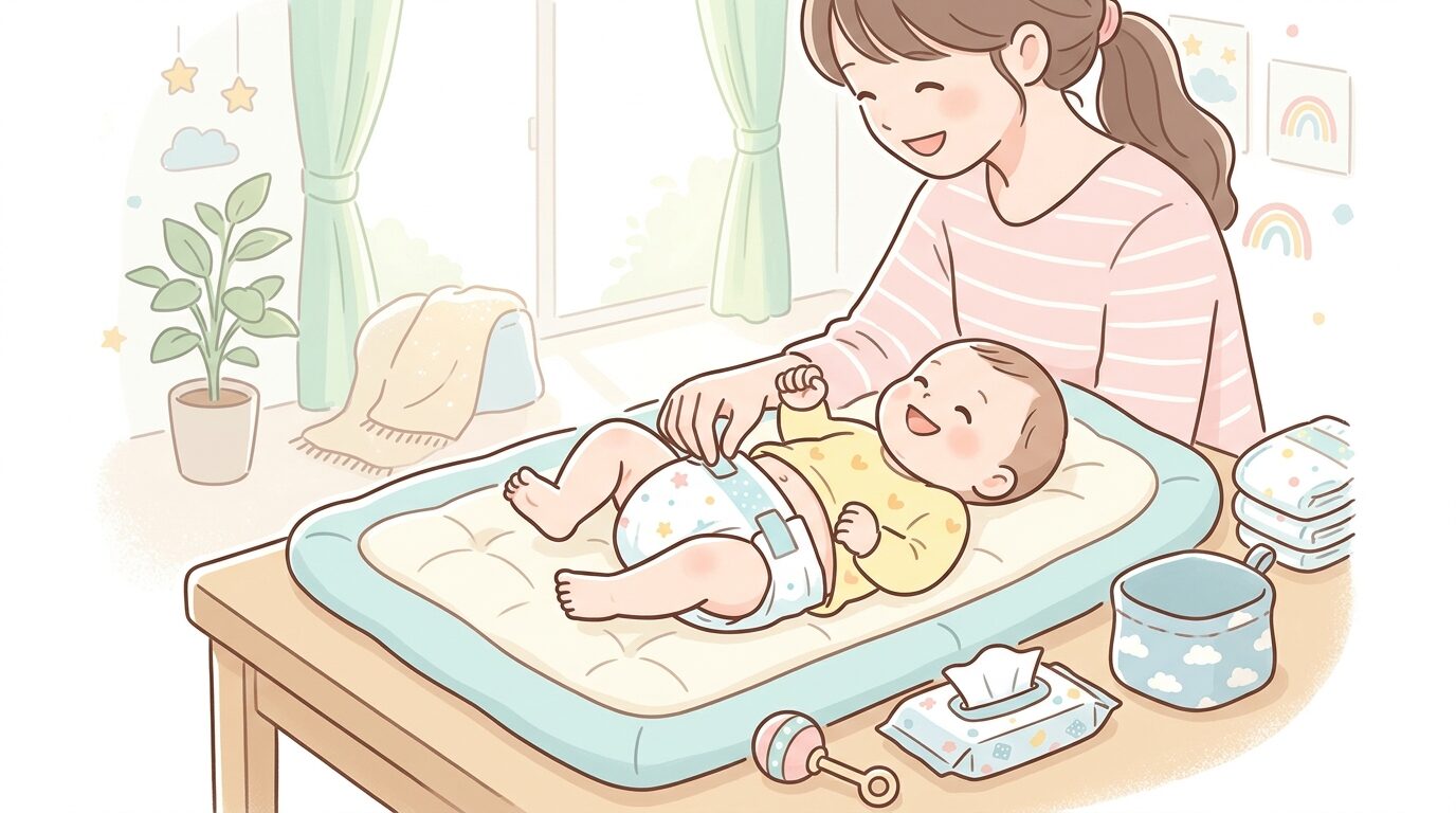 生後1ヶ月の赤ちゃんのおむつを笑顔で替える母親の手元、明るい部屋