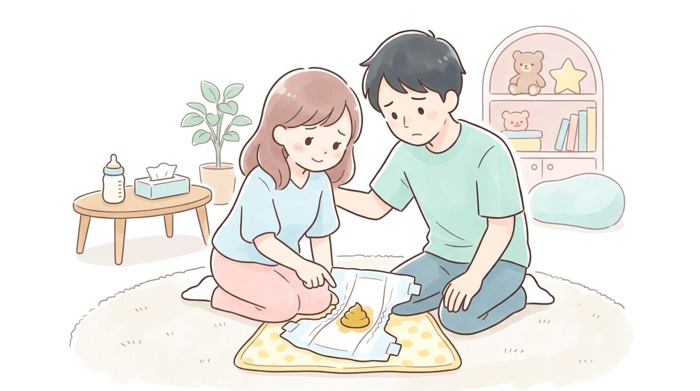 おむつの上のうんちを心配そうに確認する若い両親、リビングでの育児シーン