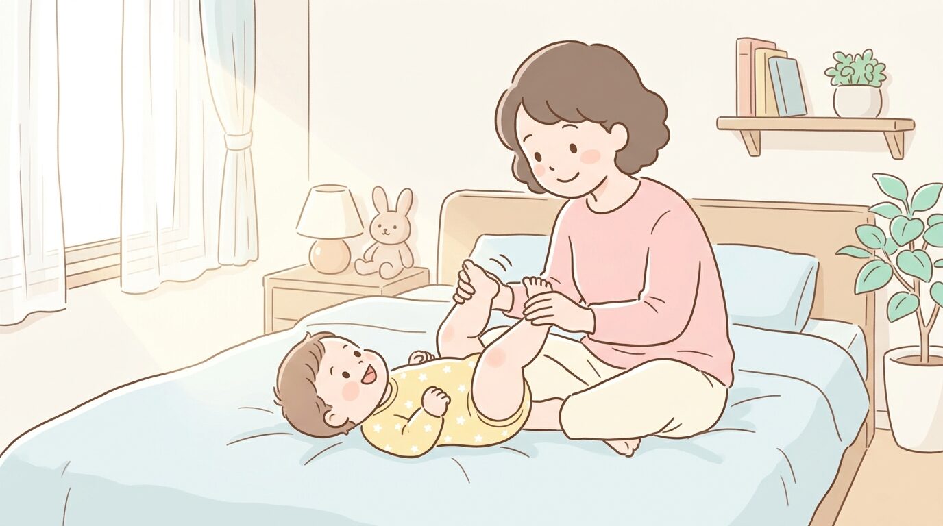 あおむけで寝転ぶ赤ちゃんの足を優しく動かして自転車こぎ運動をする親、柔らかい光の差す寝室