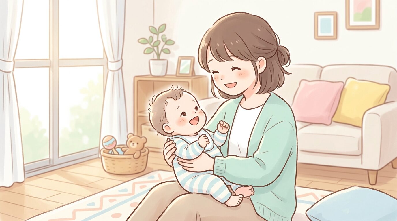 明るいリビングでお母さんと目を合わせて笑う生後3か月ごろの赤ちゃん