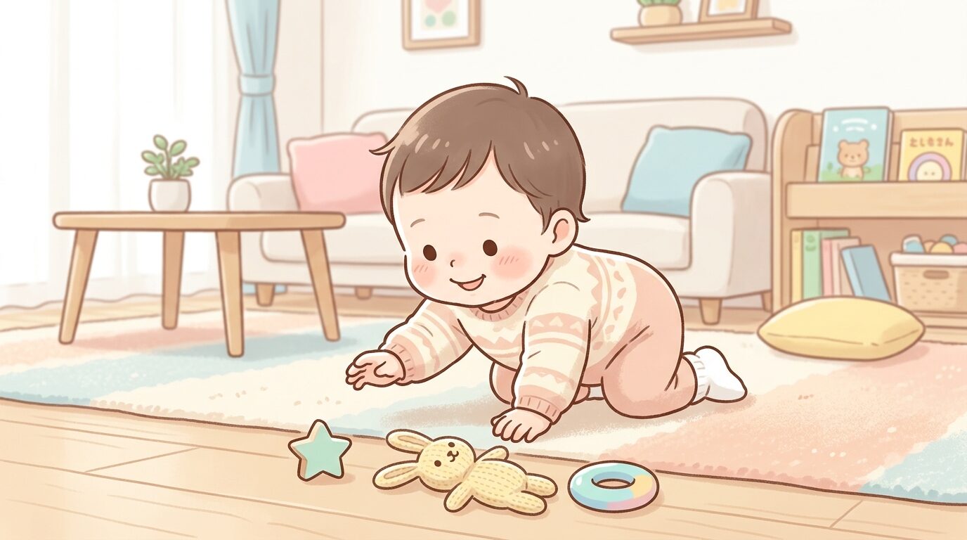 リビングの床でハイハイをしながら小さなおもちゃを見つめる1歳前後の赤ちゃん