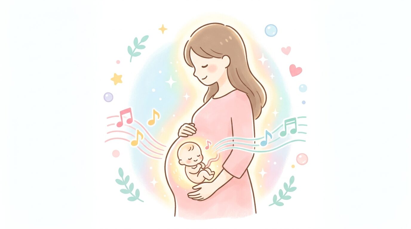 お腹の中の赤ちゃんが音を聞いているイメージ、優しい光に包まれた妊婦のシルエット