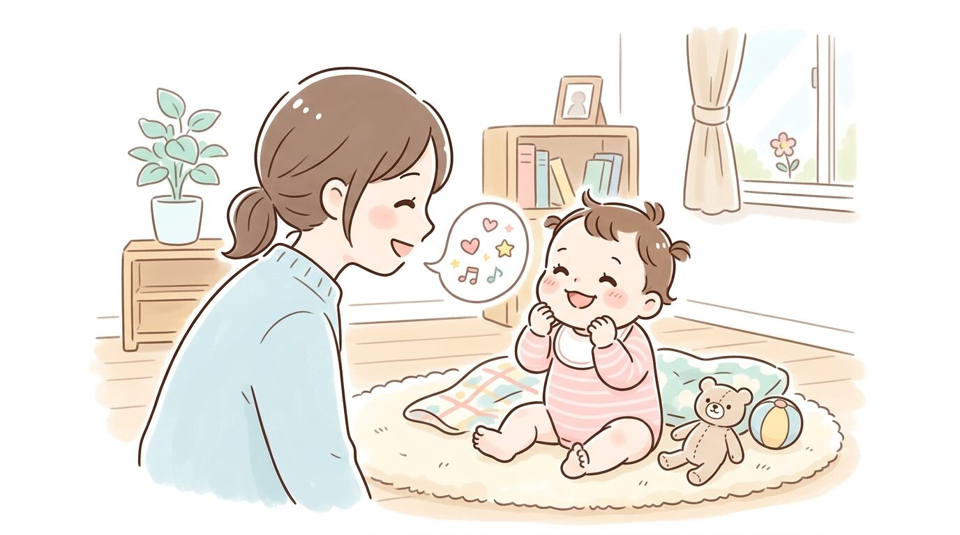 生後8ヶ月ほどの赤ちゃんが親の声に反応して笑顔を見せる様子、リビングでの温かい雰囲気