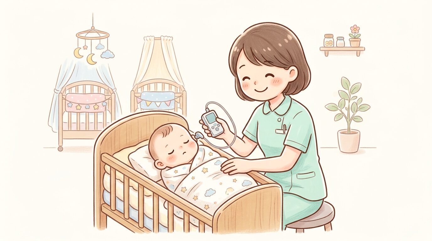 新生児室で医療スタッフが赤ちゃんの聴覚検査を行っている穏やかな様子