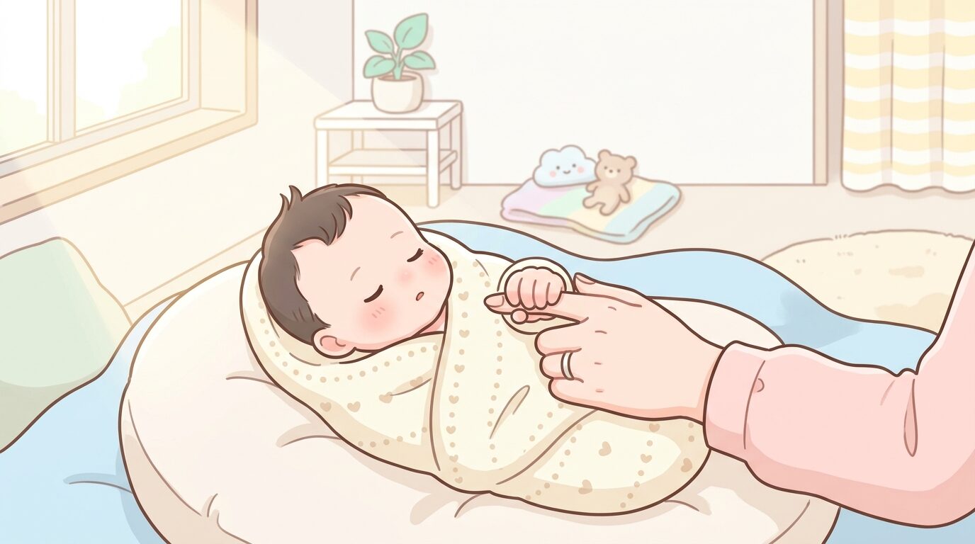 生後1ヶ月の赤ちゃんが母親の人差し指をぎゅっと握りしめる様子、柔らかな朝の光が差し込む授乳スペース