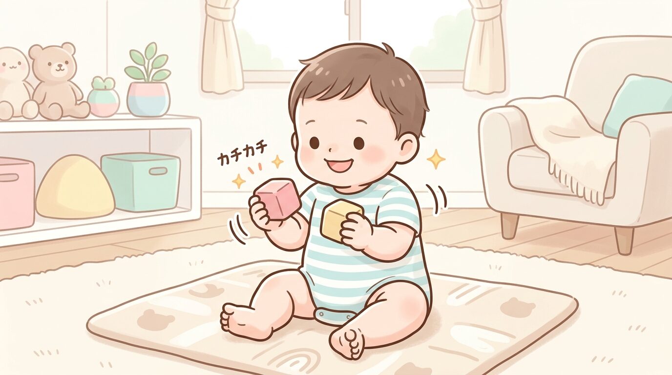 生後7ヶ月の赤ちゃんが両手にそれぞれ積み木を持ち、笑顔でカチカチと打ち合わせて遊ぶ様子、明るいリビング
