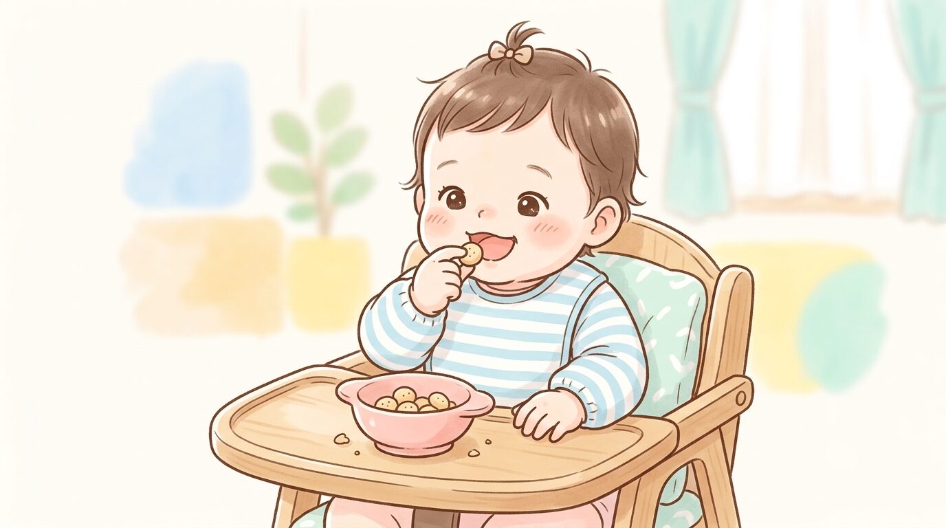 生後10ヶ月の赤ちゃんが親指と人差し指で小さなボーロをつまんで口に運ぼうとする様子、木製のハイチェアに座った姿
