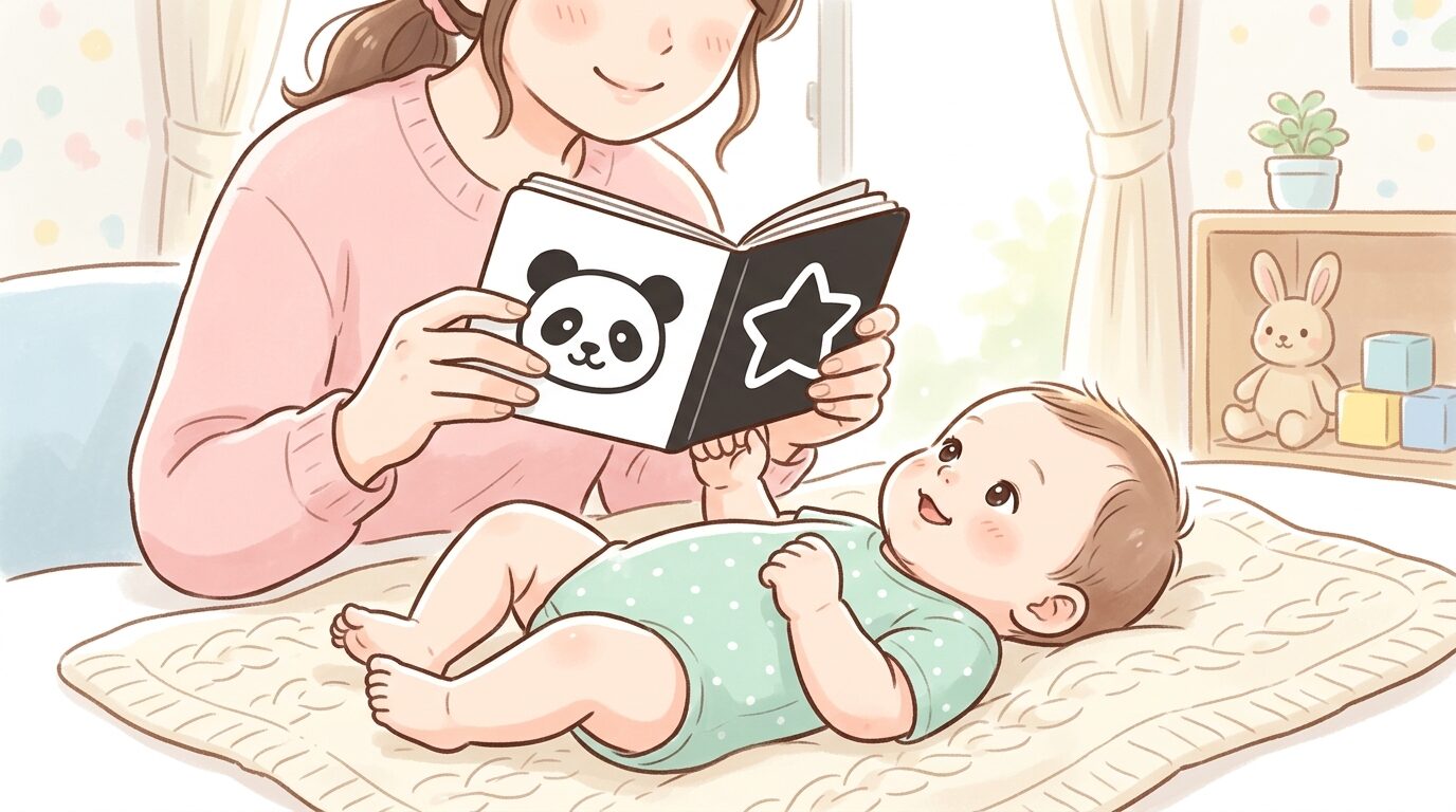 生後2ヶ月の赤ちゃんに白黒コントラストの絵本を優しく見せる母親の手元、柔らかい自然光の差し込む室内