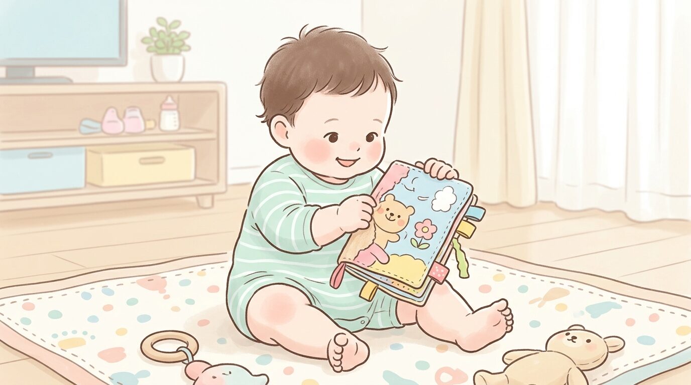 布絵本を手に取り指先で触感を確かめる生後8ヶ月の赤ちゃん、リビングのプレイマットの上で