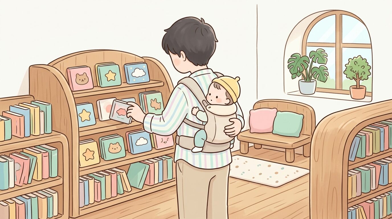 図書館の絵本コーナーで赤ちゃんを抱っこしながら絵本を選ぶ父親の後ろ姿、木のぬくもりある空間