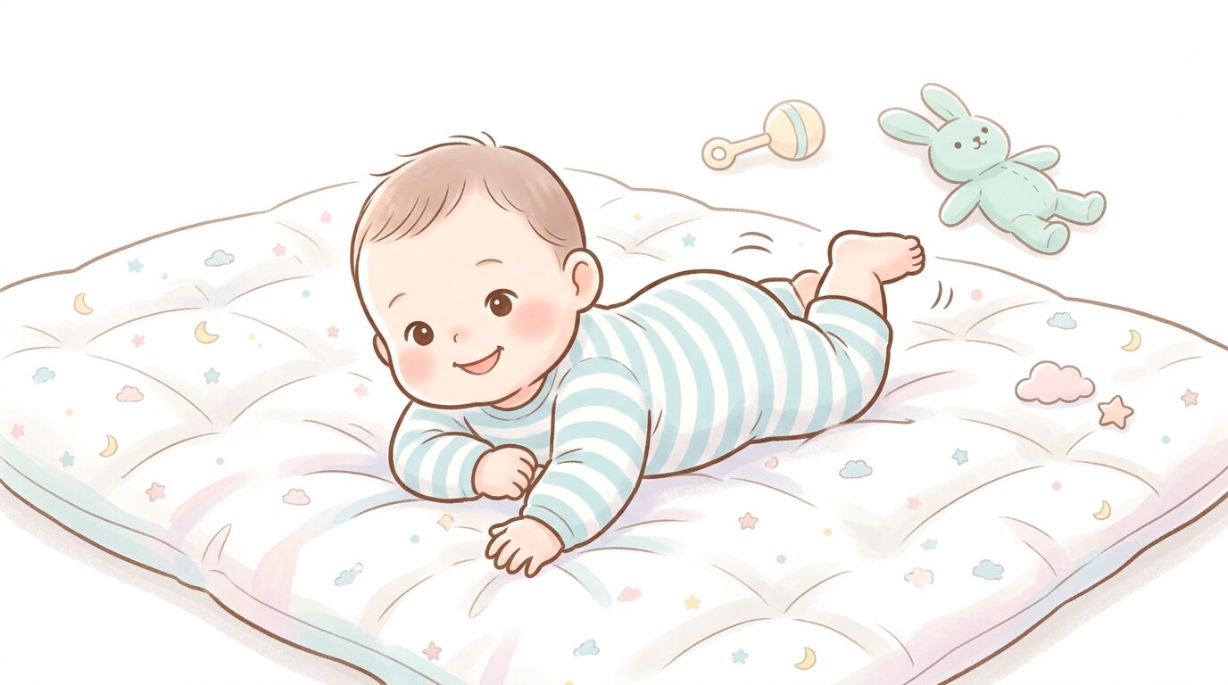 布団の上で仰向けからうつ伏せに寝返りを始めようとする生後5か月頃の赤ちゃん