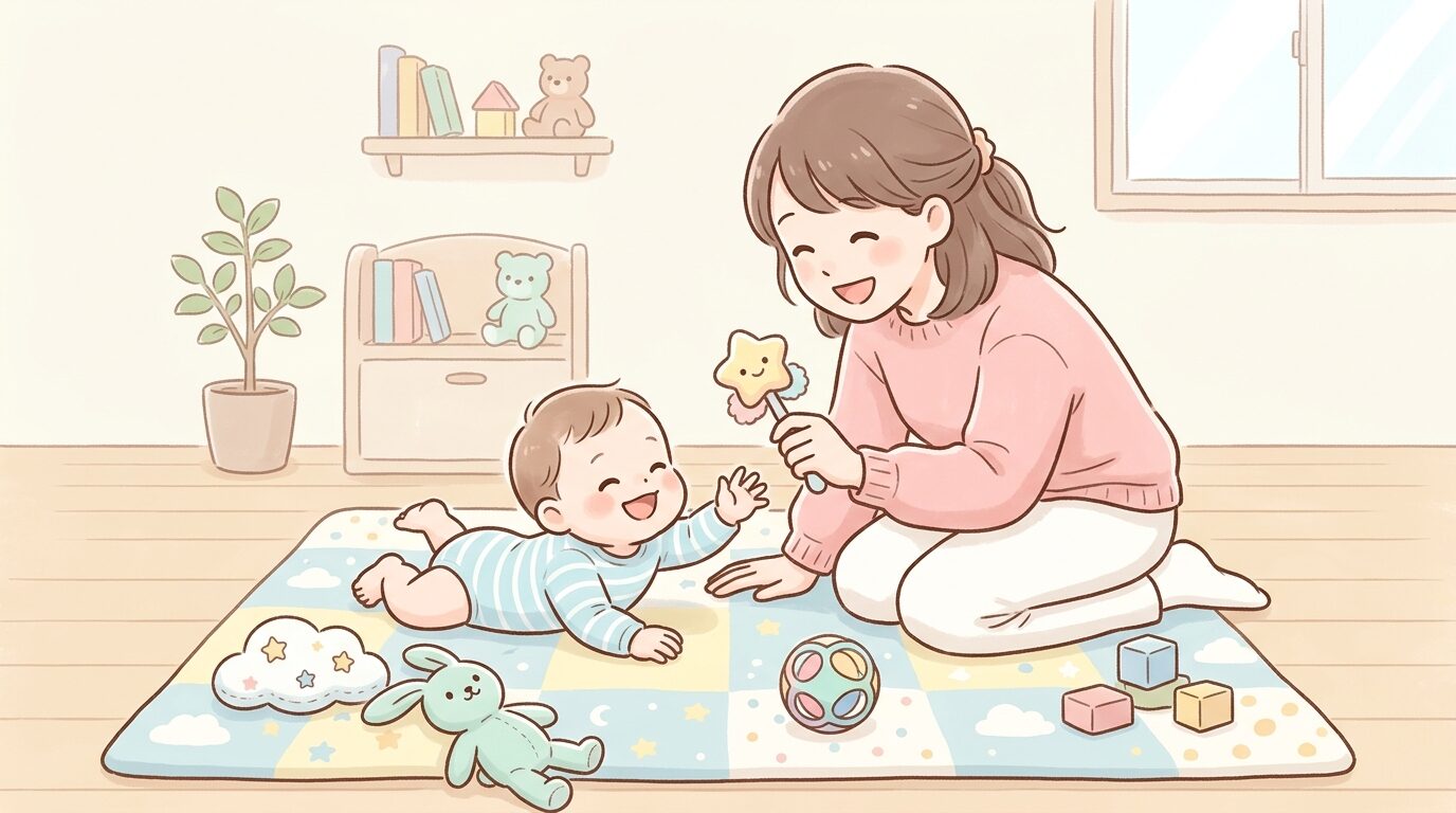 プレイマットの上でおもちゃを使いながら赤ちゃんと笑顔で触れ合う母親