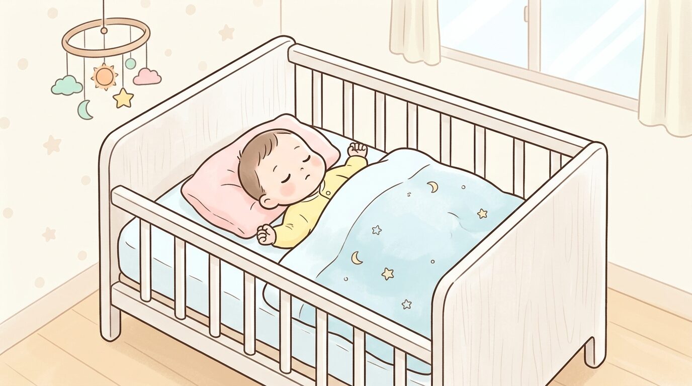 何も置かれていないシンプルなベビーベッドで仰向けに眠る赤ちゃん