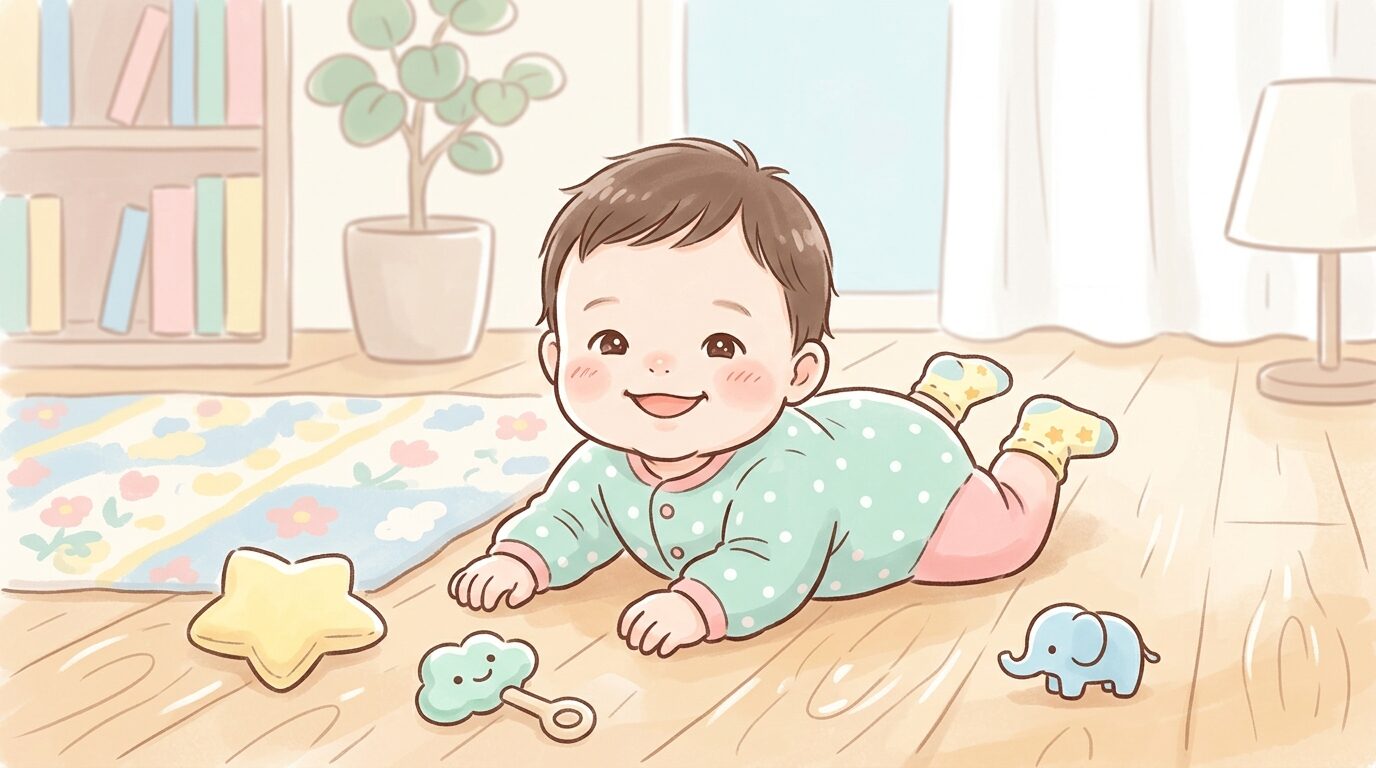 フローリングの床でうつぶせになり、笑顔で前を見つめる生後7ヶ月ほどの赤ちゃん