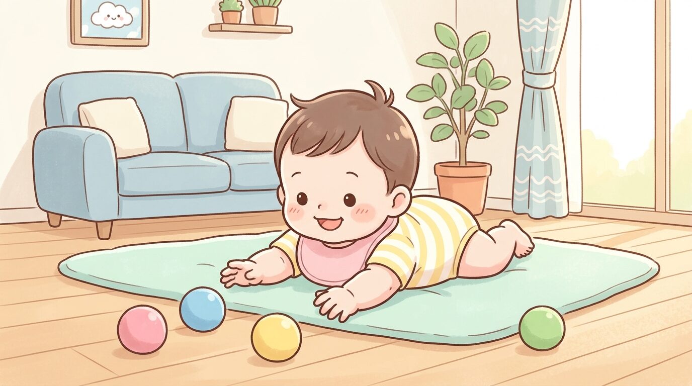 明るいリビングでカラフルなボールを見つめながらうつぶせで手を伸ばす赤ちゃん
