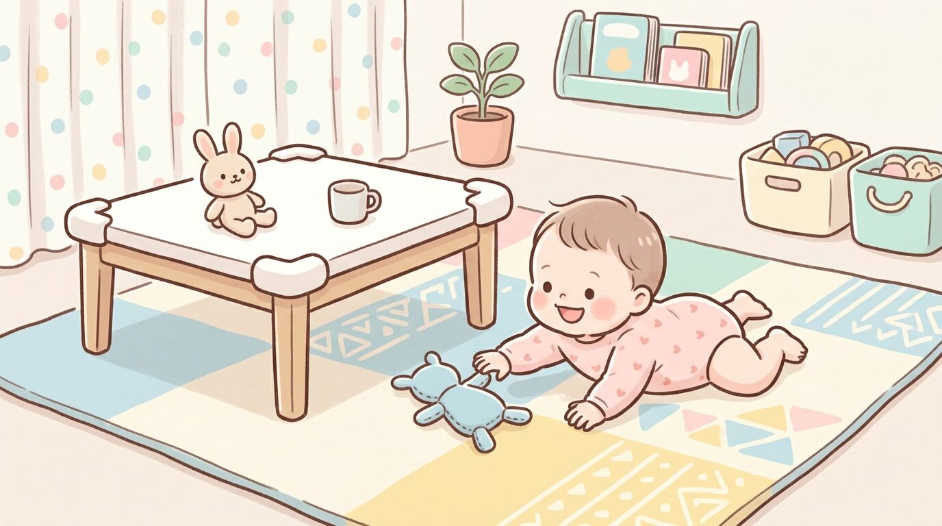 安全対策としてコーナーガードを取り付けたローテーブルと、ジョイントマットの上で遊ぶ赤ちゃん
