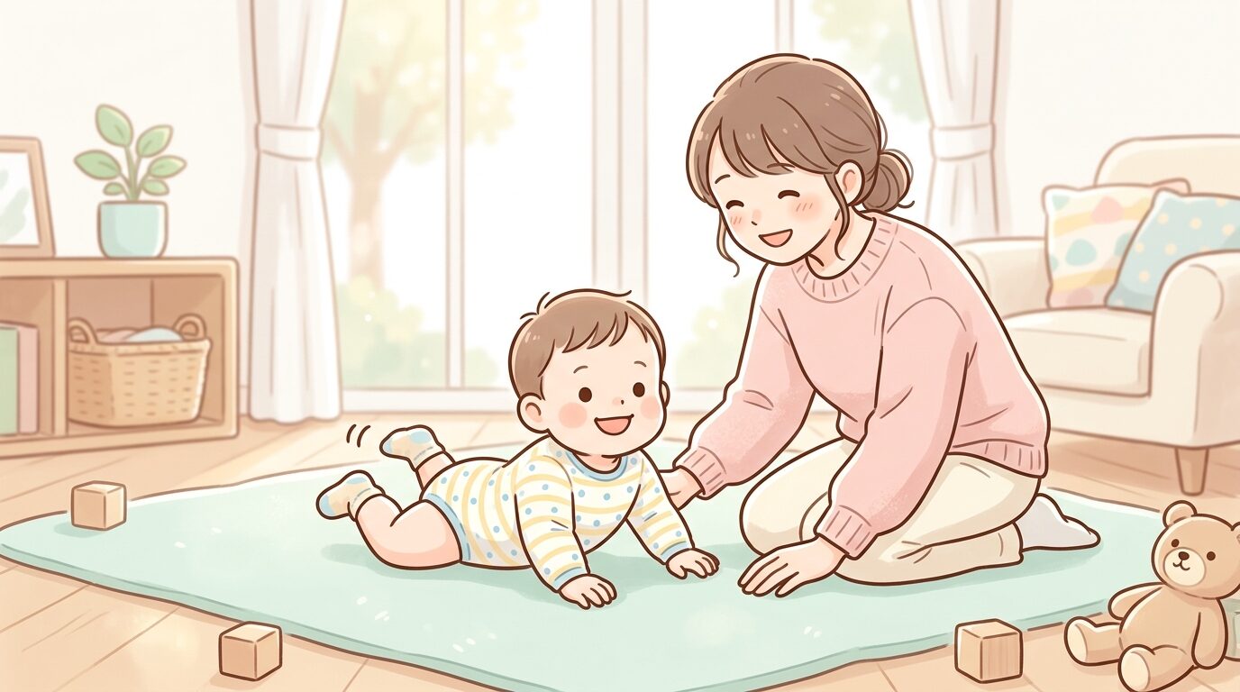 明るいリビングでうつ伏せになり顔を上げる生後7ヶ月ほどの赤ちゃんと、そばで優しく見守る母親