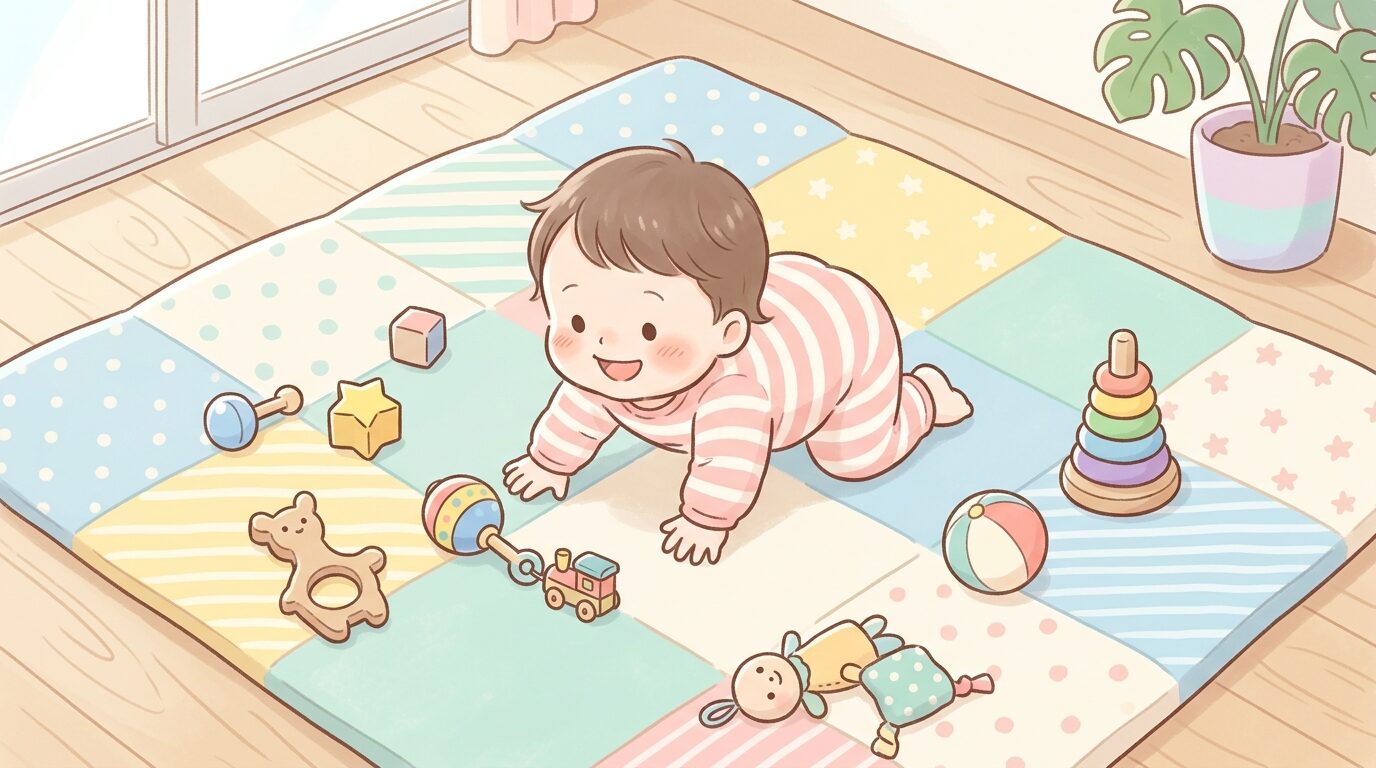 床にクッション性のあるマットを敷き、カラフルなおもちゃで遊ぶハイハイ期の赤ちゃんを俯瞰で撮った写真