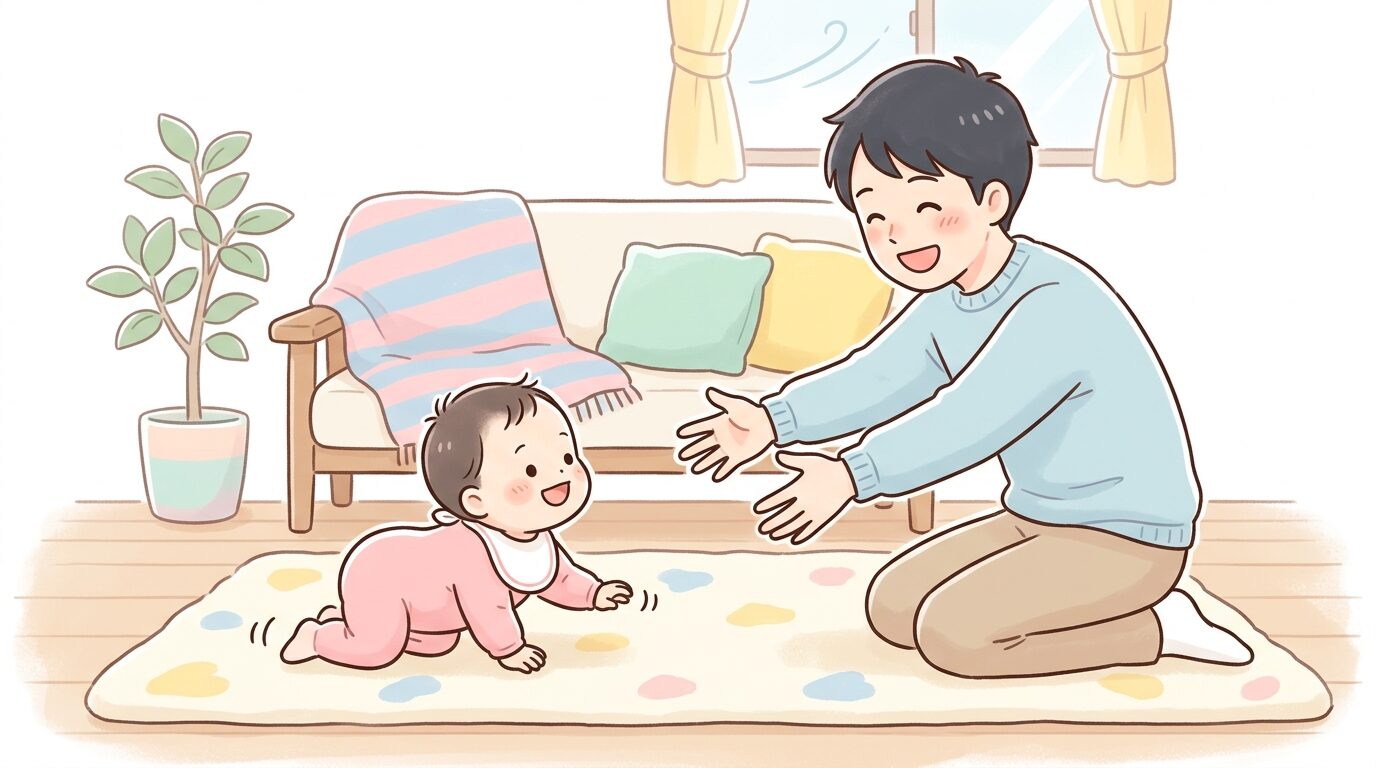 ハイハイでこちらに近づいてくる赤ちゃんに両手を広げて笑顔で迎える父親、あたたかい家庭の雰囲気