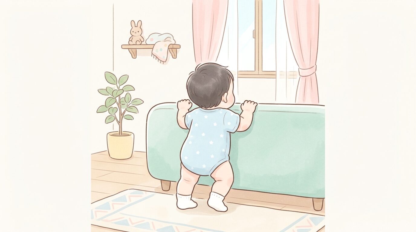 リビングでソファに手をかけてつかまり立ちに挑戦する生後9か月ほどの赤ちゃんの後ろ姿