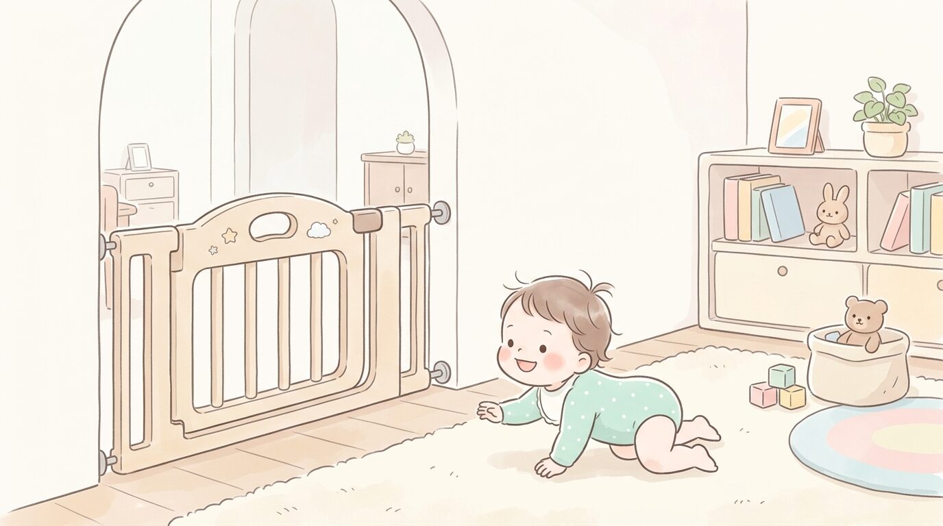 ベビーゲートで区切られたリビングの入り口と、その手前でハイハイをする赤ちゃん