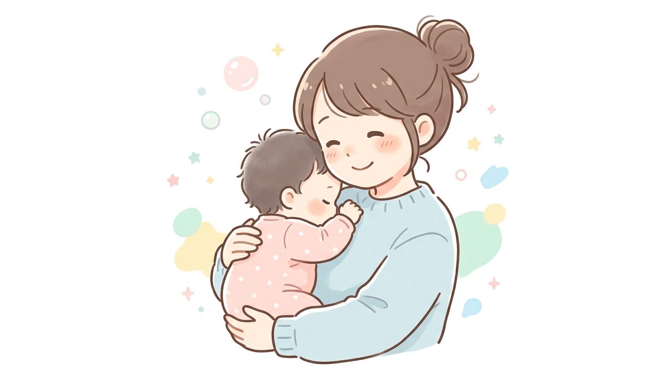 ママの胸に顔をうずめて人見知りする生後8ヶ月頃の赤ちゃんと、優しく微笑みかける母親
