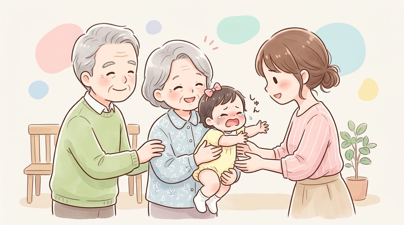 生後10ヶ月頃の赤ちゃんが祖父母に抱っこされそうになり、泣きながら母親の方へ手を伸ばしている様子