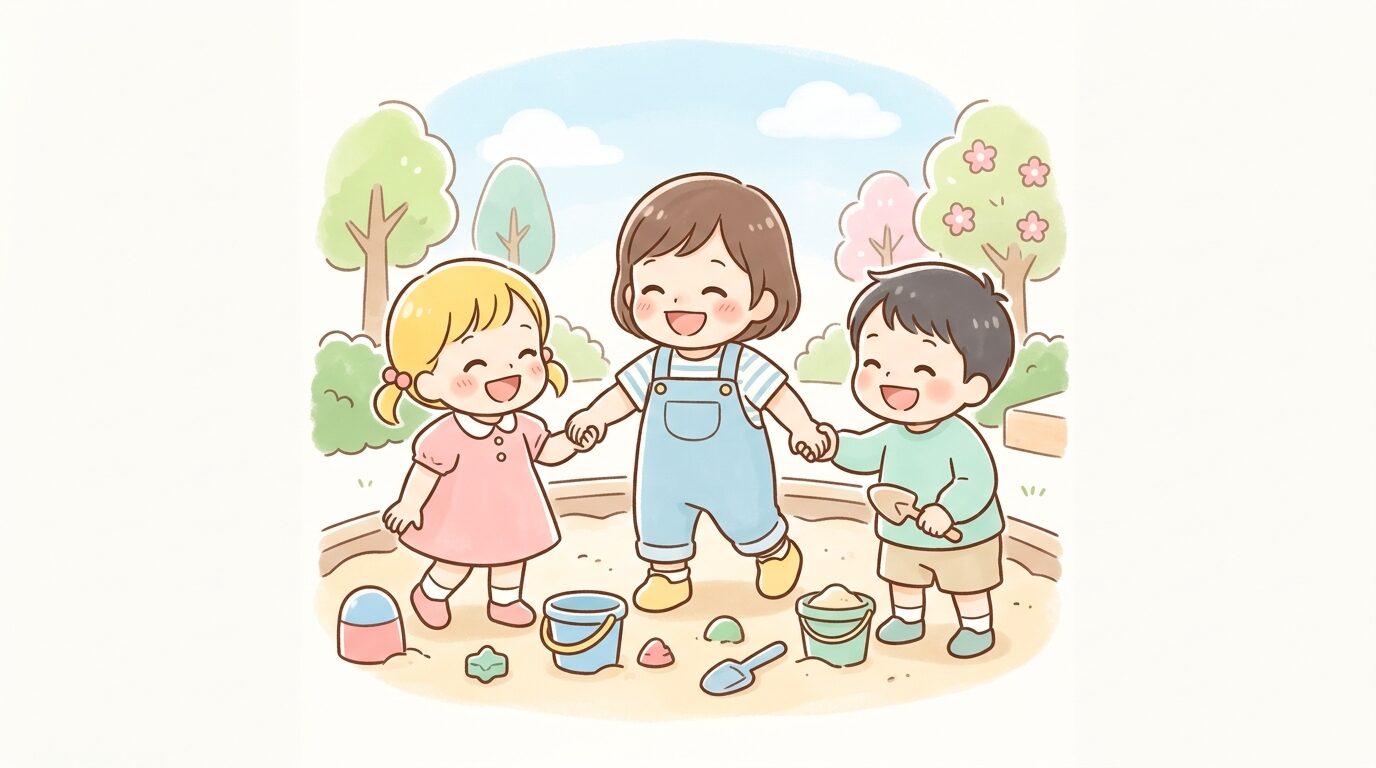 1歳半頃の子どもが公園で他の子どもたちと笑顔で楽しそうに遊んでいる様子