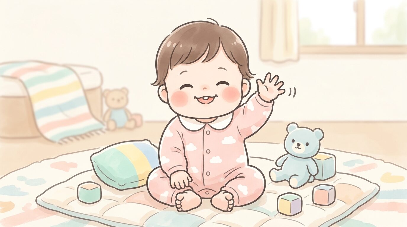 生後9ヶ月頃の赤ちゃんが笑顔で小さな手を振ってバイバイをしている様子