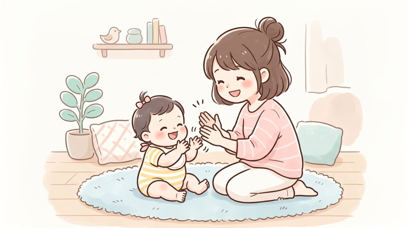 リビングでママと赤ちゃんが向き合い、一緒にパチパチと手を合わせて遊んでいる温かい雰囲気の写真