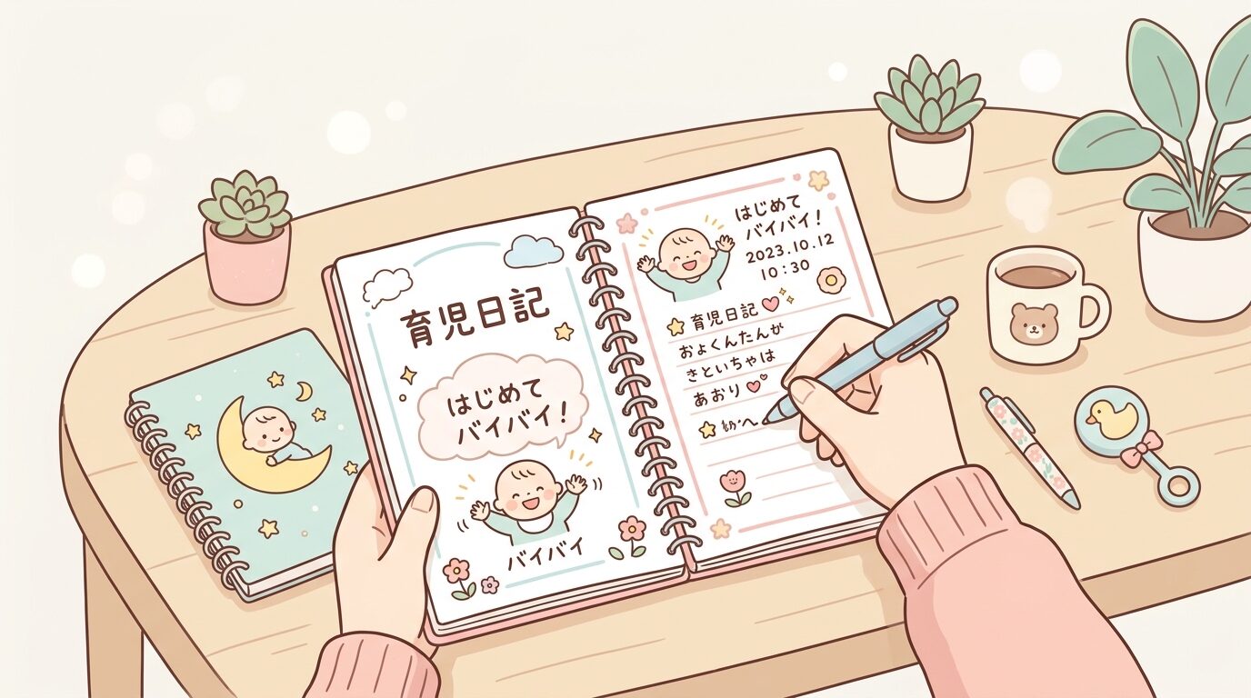 育児日記や成長記録ノートに赤ちゃんの「はじめてバイバイした日」を書き込む親の手元