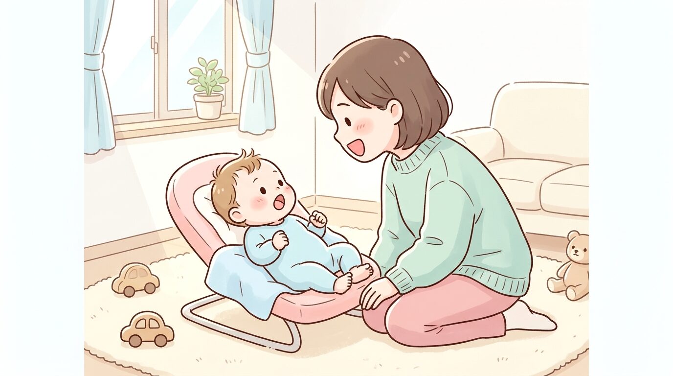 母親と見つめ合いながら口を大きく開けて表情を真似する生後2か月ほどの赤ちゃん、柔らかい光が差し込む部屋