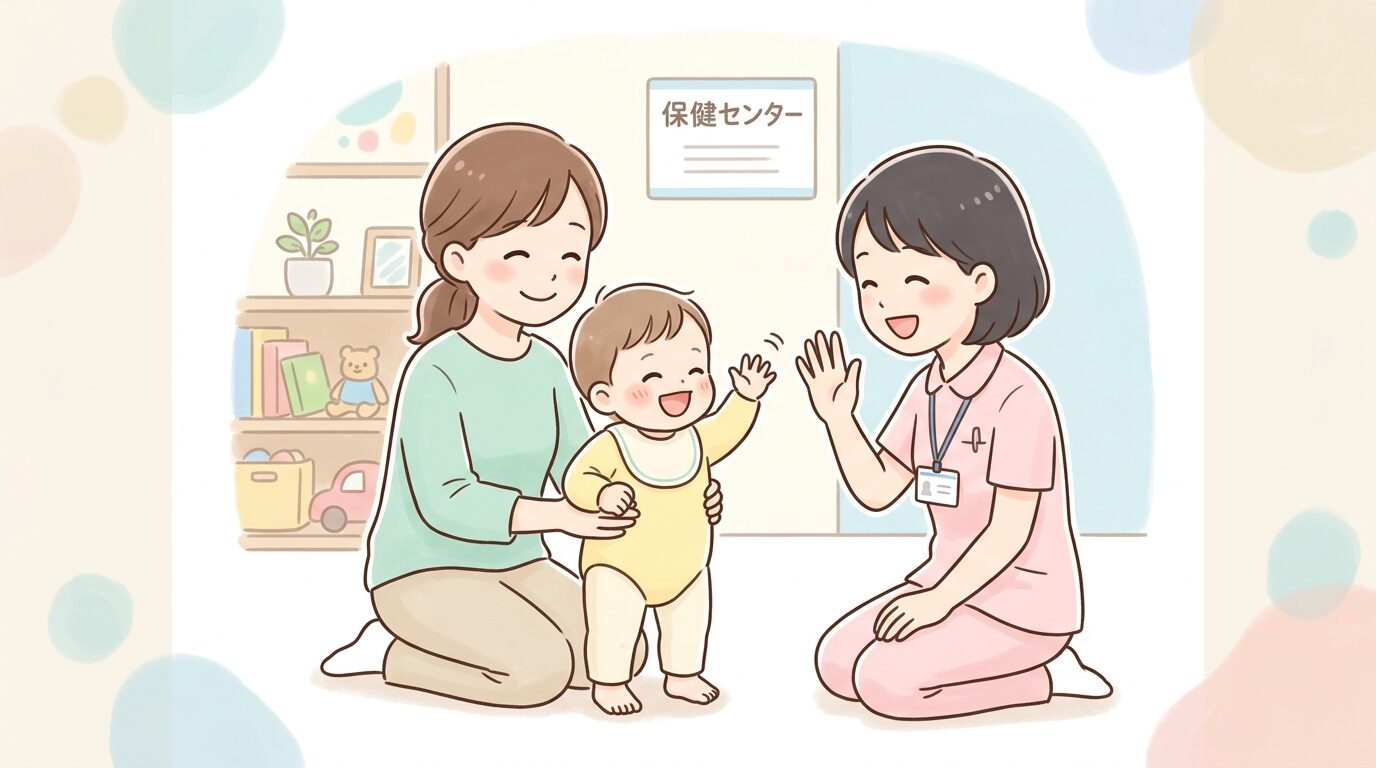 保健センターの健診で保健師と手を振り合って笑う1歳半ごろの子どもと母親