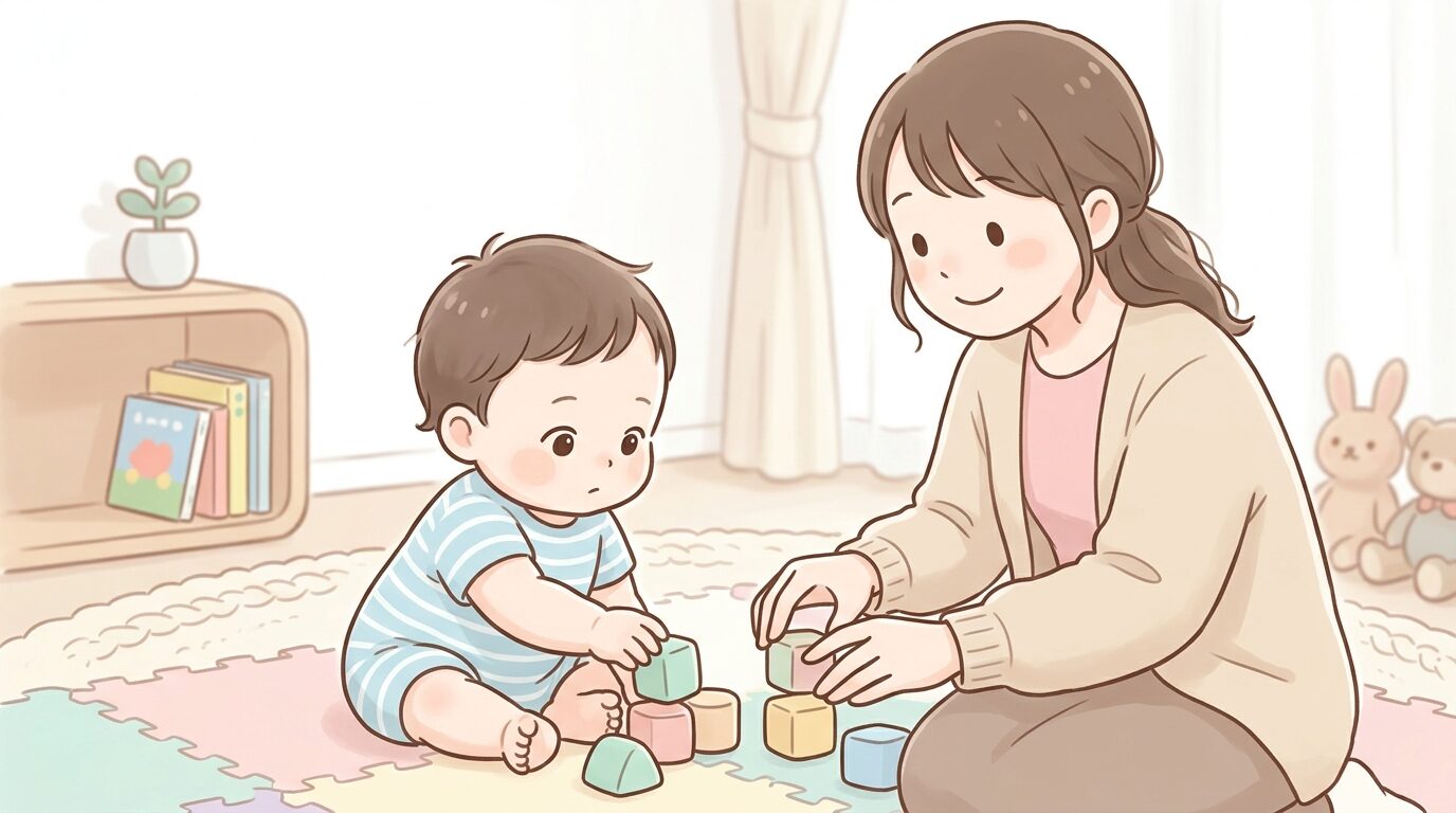 リビングで積み木を並べながら親の手の動きをじっと見つめる生後9か月ごろの赤ちゃん