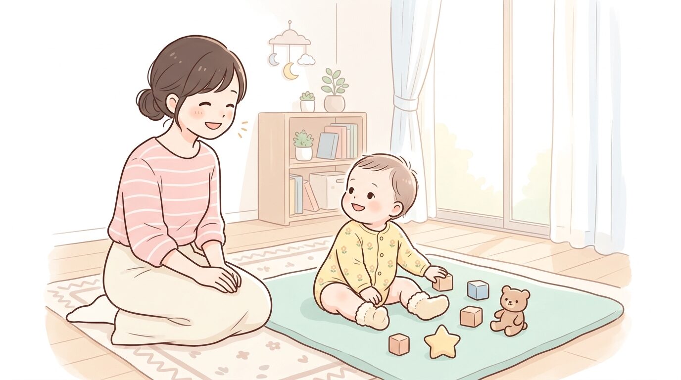 生後8ヶ月ほどの赤ちゃんが母親の声に反応して顔を向ける柔らかい光の部屋の様子