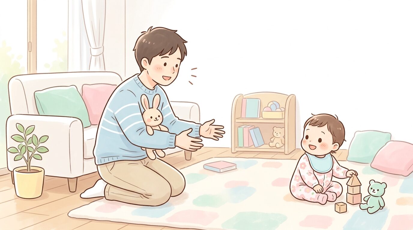 リビングで名前を呼びかける父親と、離れた場所からこちらを見る1歳前後の赤ちゃん