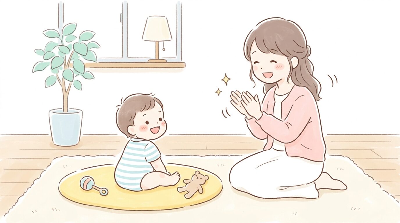名前を呼ばれて振り向いた赤ちゃんに笑顔で拍手する母親のあたたかい室内シーン
