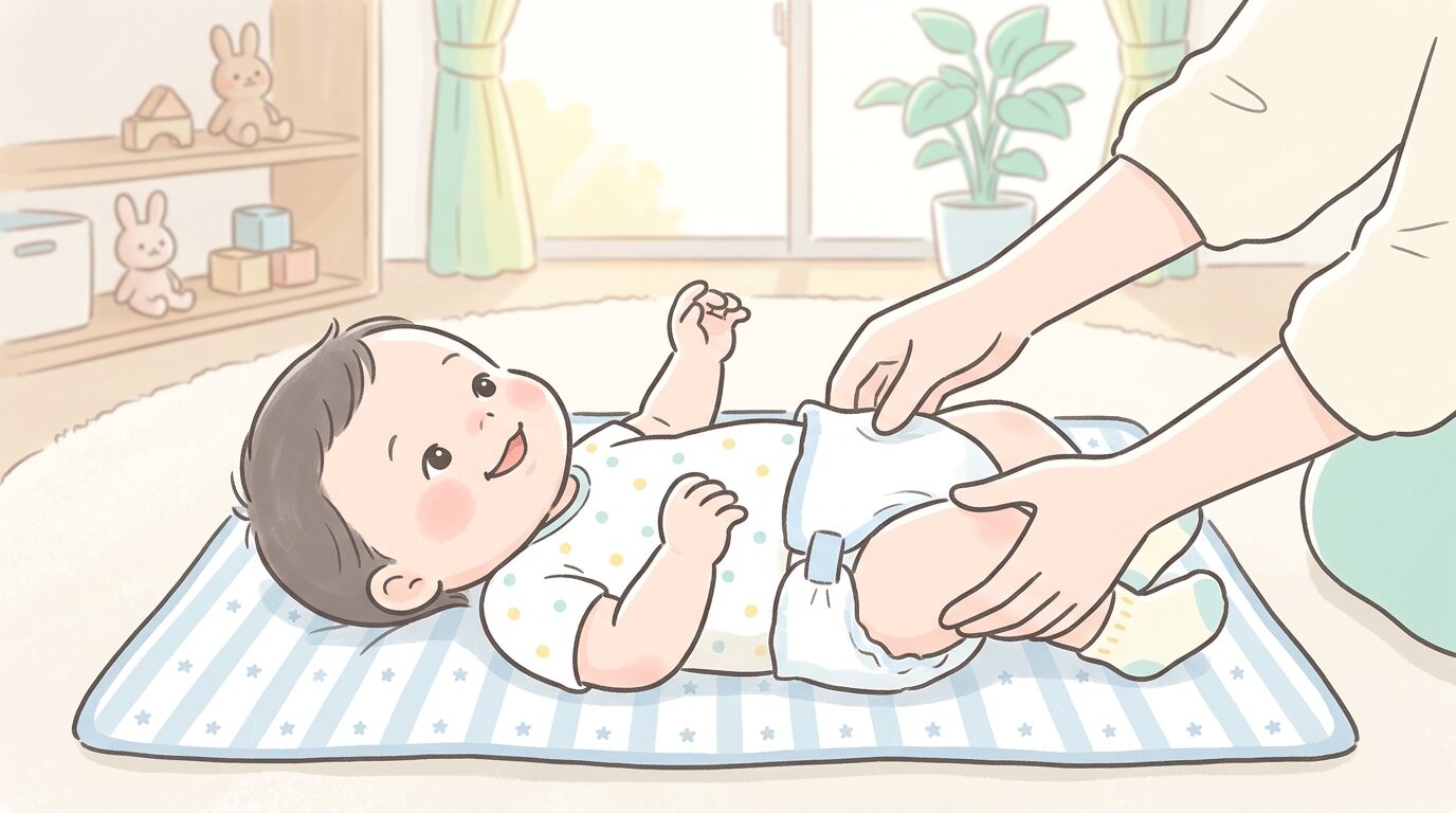明るいリビングでおむつ替えシートの上に寝転ぶ生後数ヶ月の赤ちゃんと、優しく見守る母親の手元