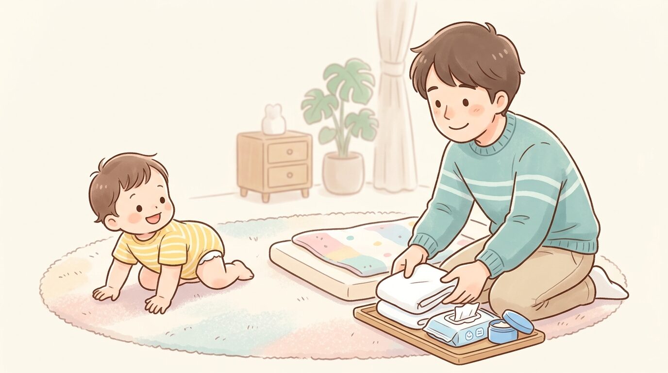 ハイハイをする1歳前後の赤ちゃんと、笑顔でおむつを準備する父親の様子